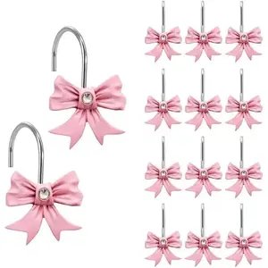 Decorative Shower Curtain Hooks Bow Tie Rust Resistant Hooks Glide Shower Ring Hangs Holder Bling for Bathroom, Pack of 12