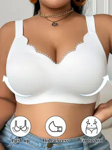 Plus Size Women's Seamless Wirefree Smooth Bralette, Push Up Soft Support, V-Neck, Wide Shoulder Strap, Unlined, Casual Style, All Seasons