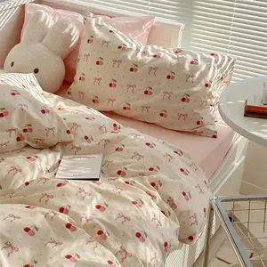 Cherry Duvet Cover  Size  Bowknot Heart Beddding Set 3 count  Girls Kawaii Bow Red Fruit Reversible  Cooling Comforter Cover