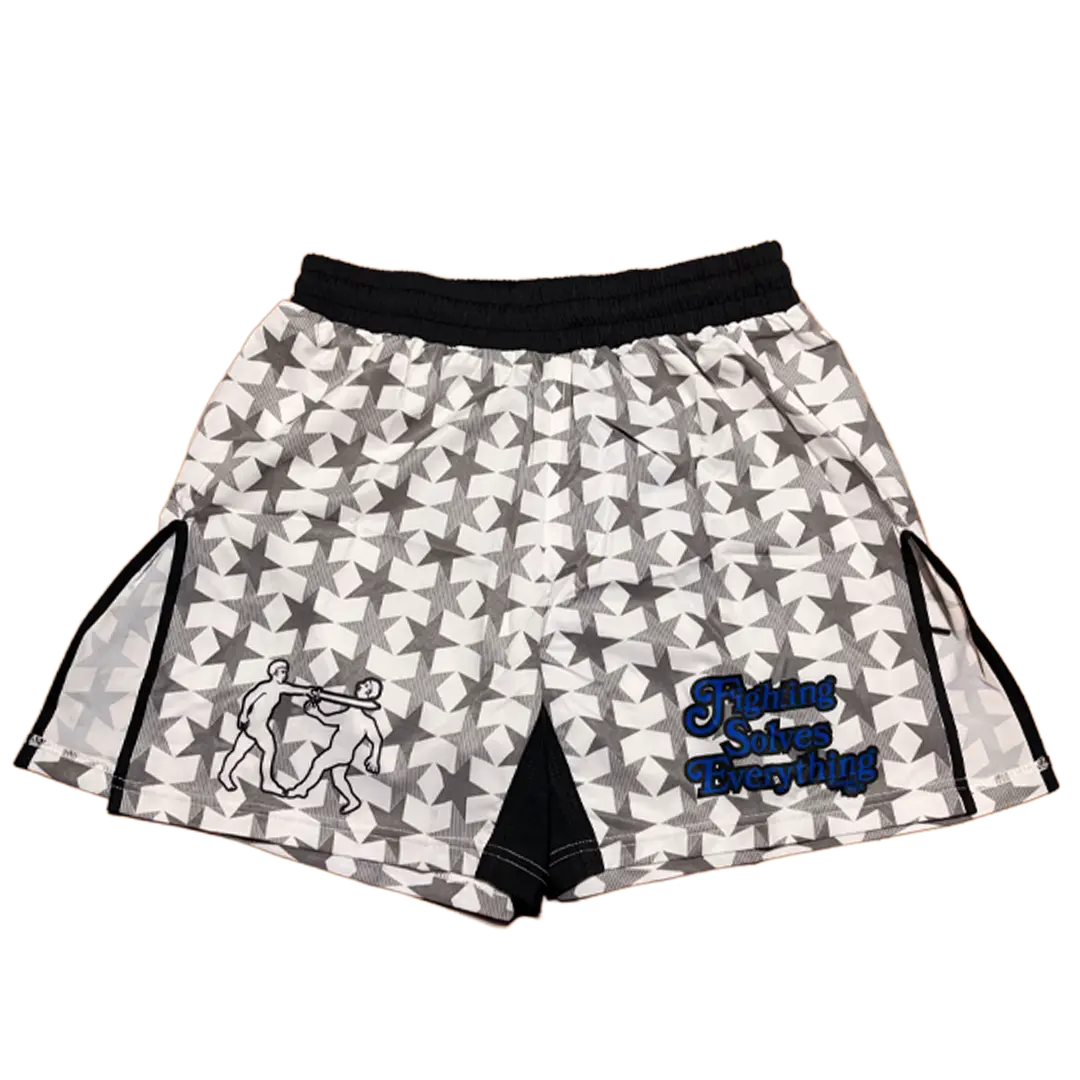 FIGHTING SOLVES EVERYTHING FIGHT SHORTS WHITE