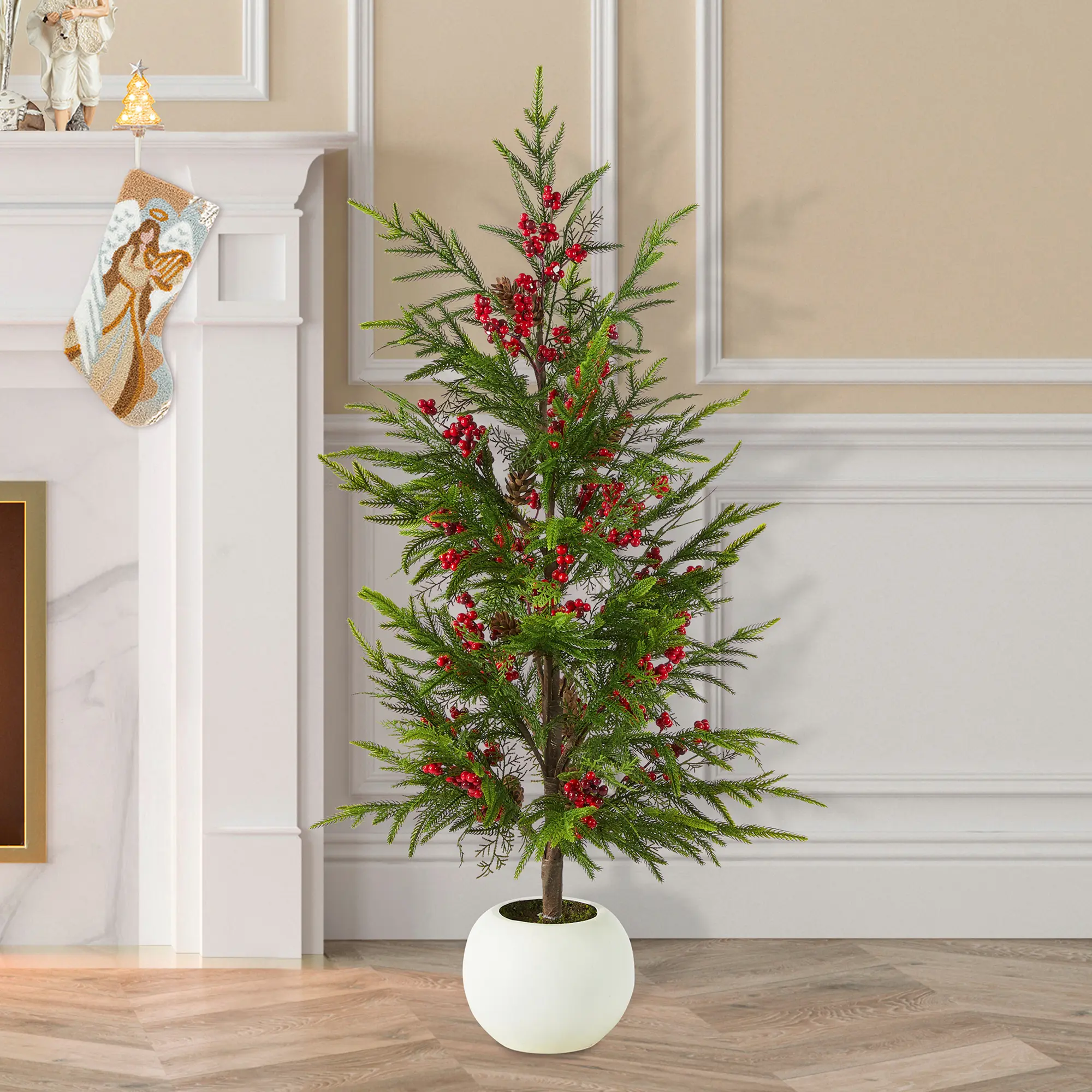Glitzhome 37.5"H Modern Round Table Artificial Christmas Greenery Pine Porch Tree, Decor with Pinecones and Red Berries