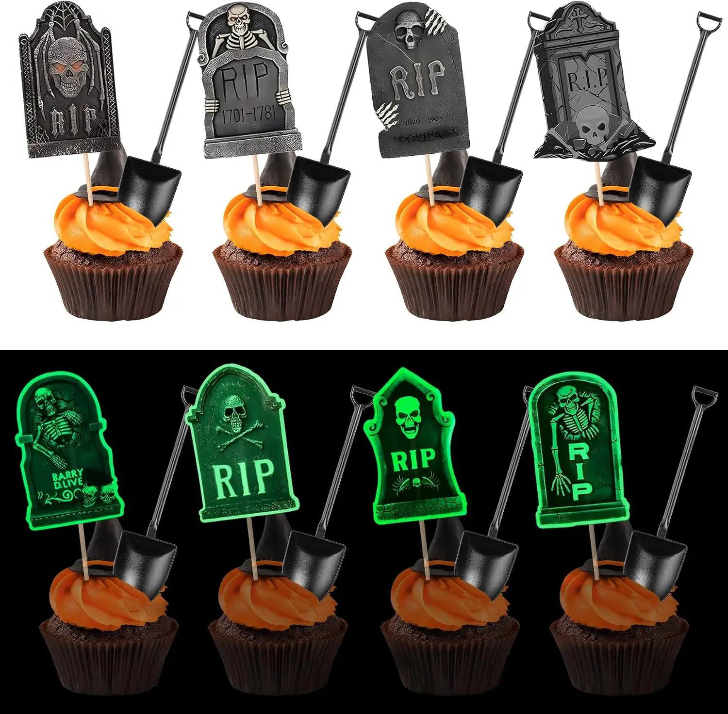 48 PCS Halloween Cupcake Toppers Tombstones Cake Decorations with Mini Shovel Spoons for Halloween Boo Theme Birthday Party Cake Decorations Supplies