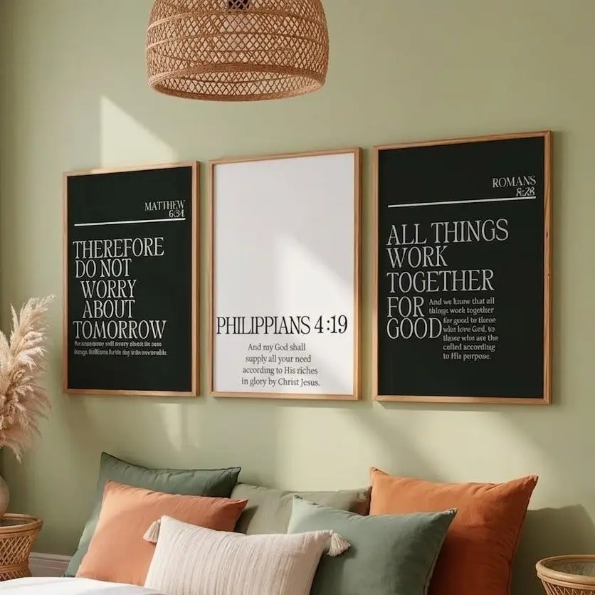 Modern Christian Art Set of 3 Printable, Scripture Wall Decor, Bible Verse Posters, Romans 8:28, Philippians 4 19, Neutral Faith Prints