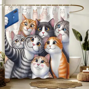 1pc Cat Shaped Shower Curtain, Cute And Interesting, Cats Can Be Photographed With Phones, Waterproof And Mildew-Resistant, Made Of Polyester, Non-Opaque.Color May Vary Slightly Due To Lighting Conditions.Includes 12 Hooks - Artistic Bathroom Decor.