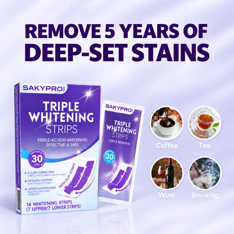 SAKYPRORAL Triple Whitening Strips – Same Enamel-Safe Ingredient Dentists Use | Long-Lasting Results, Not Just a Purple Tint, 4 Shades Whiter in 7 Days, 14/28 Strips