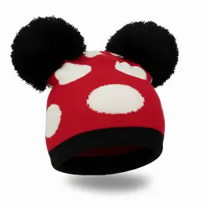 Mrs. Mouse Hand-Crafted Beanie with Charming Print and Dual Poms for Cozy Elegance and Whimsy