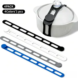 4-Pack Silicone Latch Strap for Slow Cooker Lid Pot Bento Box Adjustable Length Reusable Elastic Self-Lock for Bundling Organizing Curtain Cords Yoga Mat Camping Mat