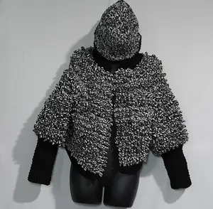 Handmade Crocheted Looped Jacket - Soft Yarn, Customizable Sizes & Colors, Casual Coat with Hat