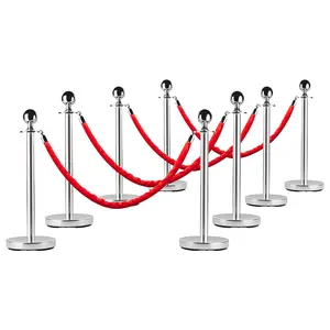 Stainless Steel Stanchion Post Queue,5 ft Red Velvet Rope Red Carpet Ropes and Poles Crowd Control Barriers,Sand Injection Hollow Base and Velvet Ropes Set for Party Supplies,8 PCS