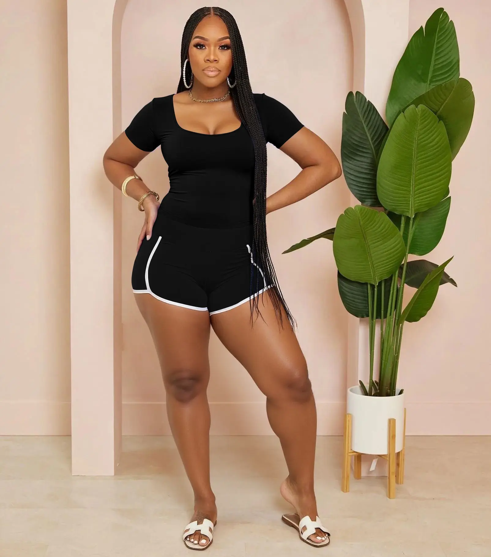 USBoutiqueCHIC Women's Spring Summer Slim Fit Workout Set | Cropped Top & High-Waist Shorts | 8-Color Sportswear for Gym & Casual Wear