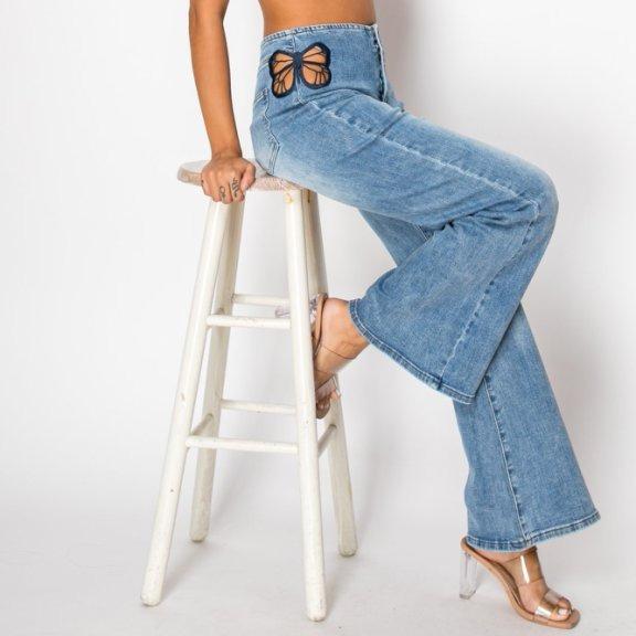 Vanessa CANANA Women's High Rise Stretch Flared Jeans - Mid Wash with Butterfly Embroidery, Minimalist Denim Pants SH25F04