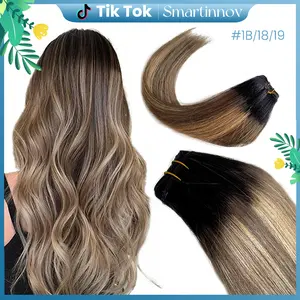 Black to Ash Blonde Balayage Highlight Sew In Extensions 24 Inch Real Human Hair Weft Extensions 120G Double Weft Remy Human Hair Bundles For Women Hand Tied Full Head Straight Hair Weaves