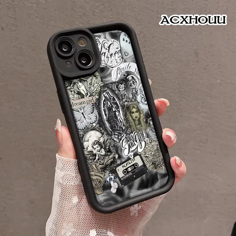 TPU Smartphone Case for iPhone 16 E Pro Max,15 Plus,14,13,12,11,XS,XR - Aesthetic Tattoo Collage Cover, Shockproof, Anti-Slip, Rugged, Durable Soft Protection Accessory