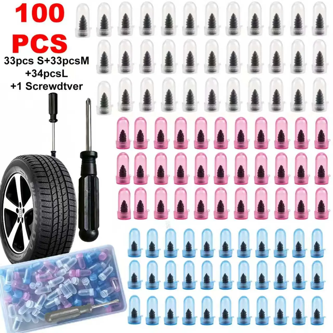 100PCS 3-Size Tire Repair Screws Plug Kit with 1 Screwdriver, Self-service Tire Repair Vacuum Rubber Nails for Car/Motorcycle/Truck/Tractor, Fast Puncture Repair Supplies