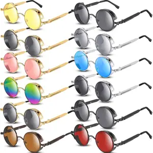 12 Pairs Steampunk Sunglasses Round Sunglasses Retro Hippie Glasses  Gothic Circle Glasses for Women Men (Retro Colors)