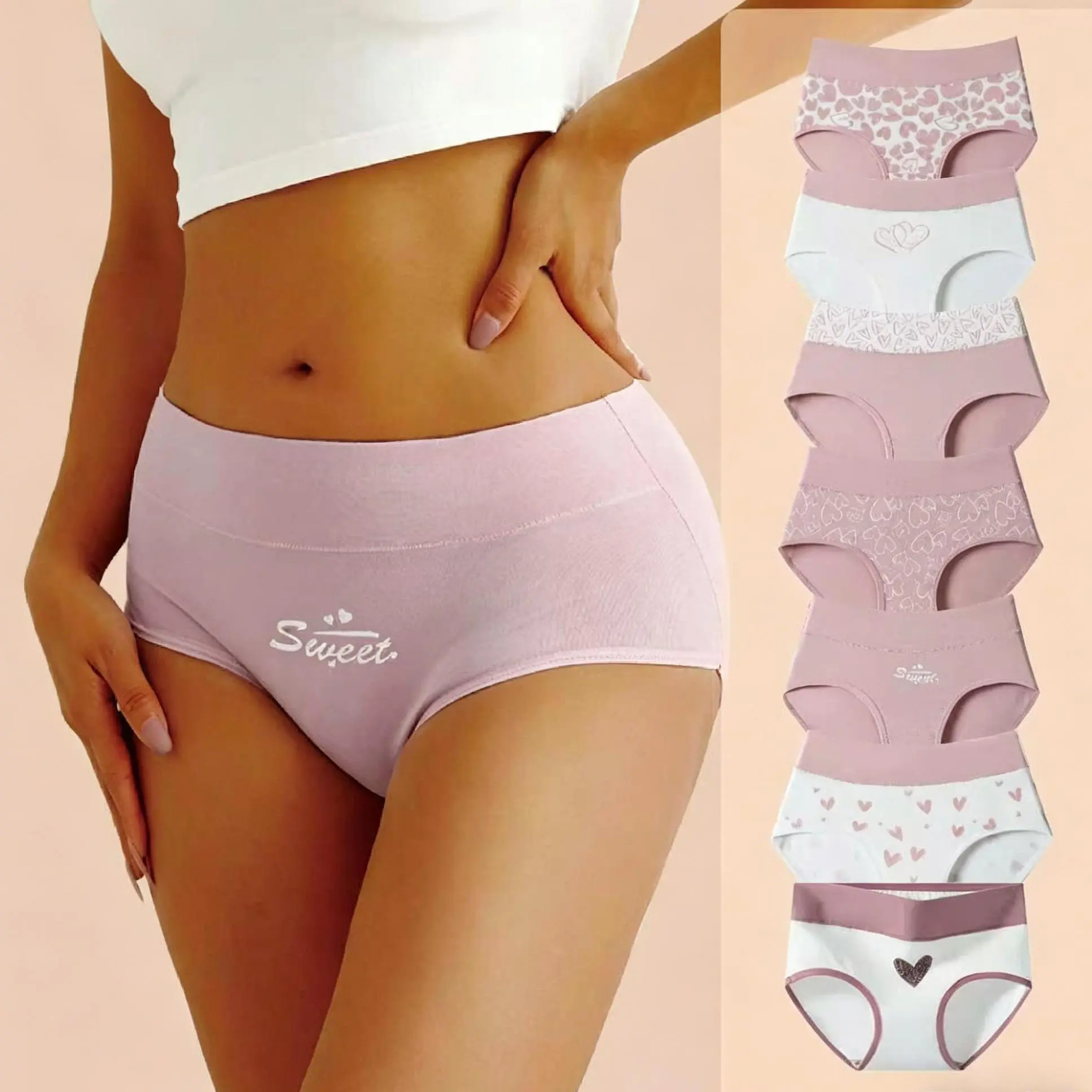 Ladies' large size new pure cotton antibacterial high waist tummy control panties; pure cotton fresh full print cute sexy thong Fit Curvy Seamless Shaper Clothes Pastel Breathable Womenswear Comfort Fabric -Pack Underwear