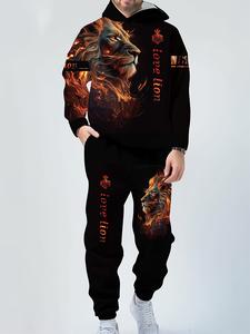 Men's lion print hooded sweatshirt and sweatpants set -100% polyester fiber casual sportswear, hooded long sleeved top and pocket, regular cut knitted fabric, comfortable all year round, animal pattern - adult weekend casual wear