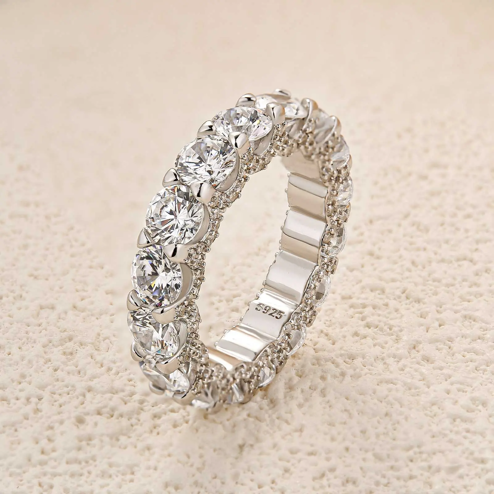 Effinny 5.0ct Round Cut Cubic Zirconia Full Eternity Stackable Ring, Female Adult Engagement Promise Wedding Band for Travel