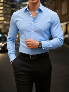Men's solid color classic fitted top shirt, elegant casual lapel button front shirts, on the long-sleeved shirt