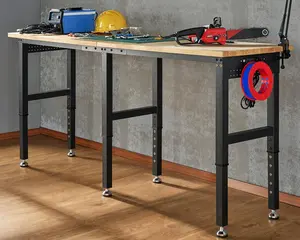 VanAcc Adjustable Workbench, 28.7-38.6" Height, Rubber Wood Top, Heavy-Duty Design with Power Outlets & Hooks, 5000 LB Capacity for Garage, Workshop, Home, or Office