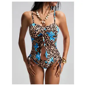 Women 2 Piece Tankinis Set Leopard Twist Front Ruffle Trim Swimsuits Floral Tie Side Bottom Bathing Suit