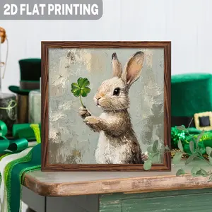 2D Flat, Lucky Rabbit with Four-Leaf Clover Wall Art Piece - Vintage Frame Sign, Perfect for St. Patrick'S Day Decoration, Framed, Auspicious for Home, Bedroom, Entrance, Decorative Sign, 8.0X 8.0Inch