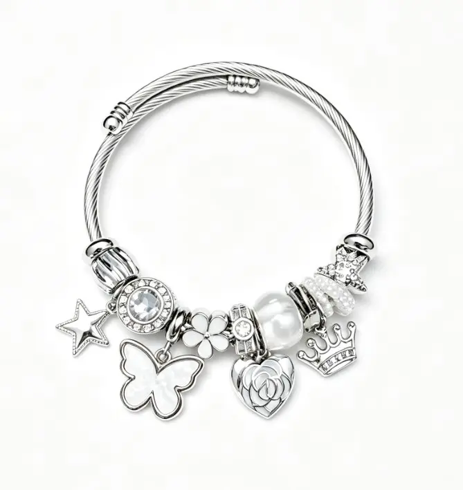 White Fairy Charms Twisted Wire Bangle Bracelet, Butterfly Crown Star Pearl Dangle Beads Jewelry Gift for Women Girls