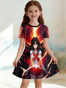 Girls' Sailor Moon Mars Print Dress, Casual Short Sleeve Anime, Perfect for Parties, Birthday Gifts, Holiday Presents