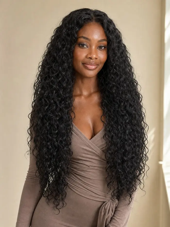 Black Women's Luma Soft Protein Fiber Glueless Synthetic Lace Wig, 27in Extra-Long Loose Spirals, 5x5 Lace Center Part, Airy Volume, Natural Black 1B, Female