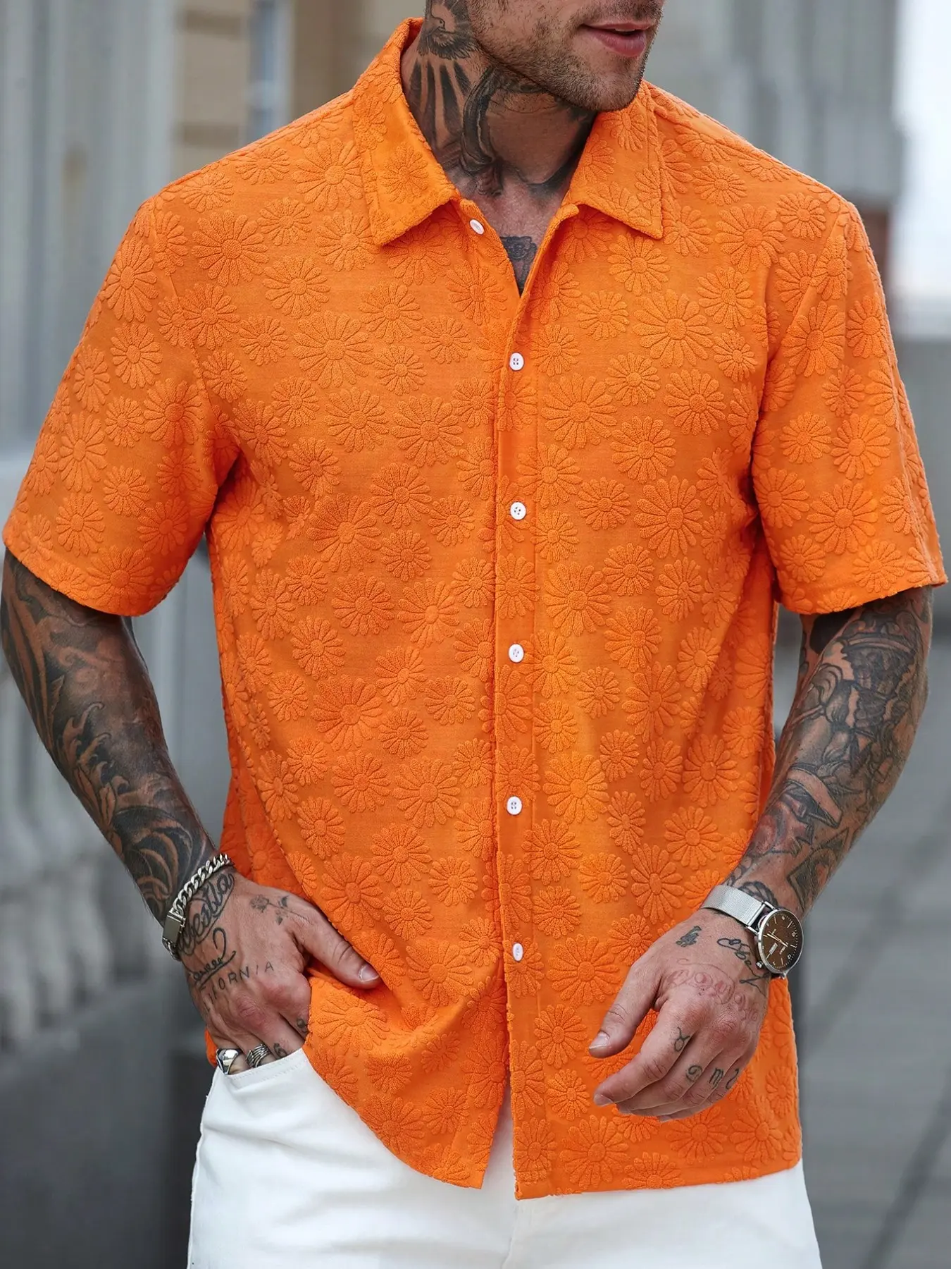 Men's Floral Tropical Short Sleeve Shirt, Casual Knit Knitted Button-Up, Perfect for Daily Wear, Gifts, Weddings, Spring Summer