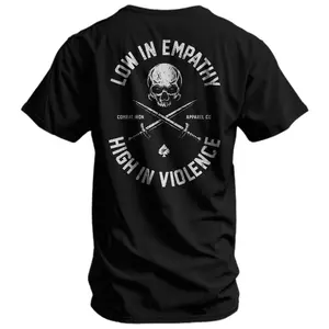 Low In Empathy High In Violence Men’s T-Shirt – Tactical Military Graphic Tee by Combat Iron Co, Veteran Alpha Mindset Shirt, Patriot Operator Apparel for 2A Lifestyle