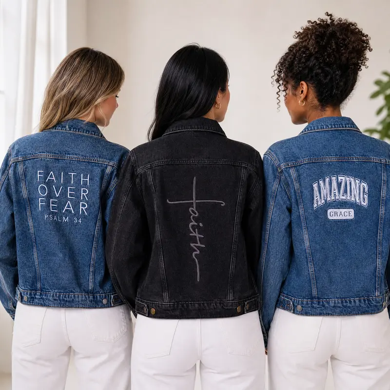 Love in Faith Fall Collection Women's Christian Embroidered Denim Jacket - Vintage Wash, Fit Design, Button Closure, Functional Pockets