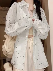 Women's Summer Fashion Loose Fit Polka Dot Short Sleeve Shirt, Lightweight Woven Fabric, Casual Style, New Arrival