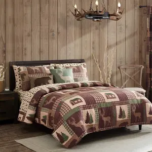 Cozy Cabin 3-Piece Full/Queen Bedding Set with Pillow Sham Rustic Patchwork Deer Coverlet Bedspread, Brown Tan Green