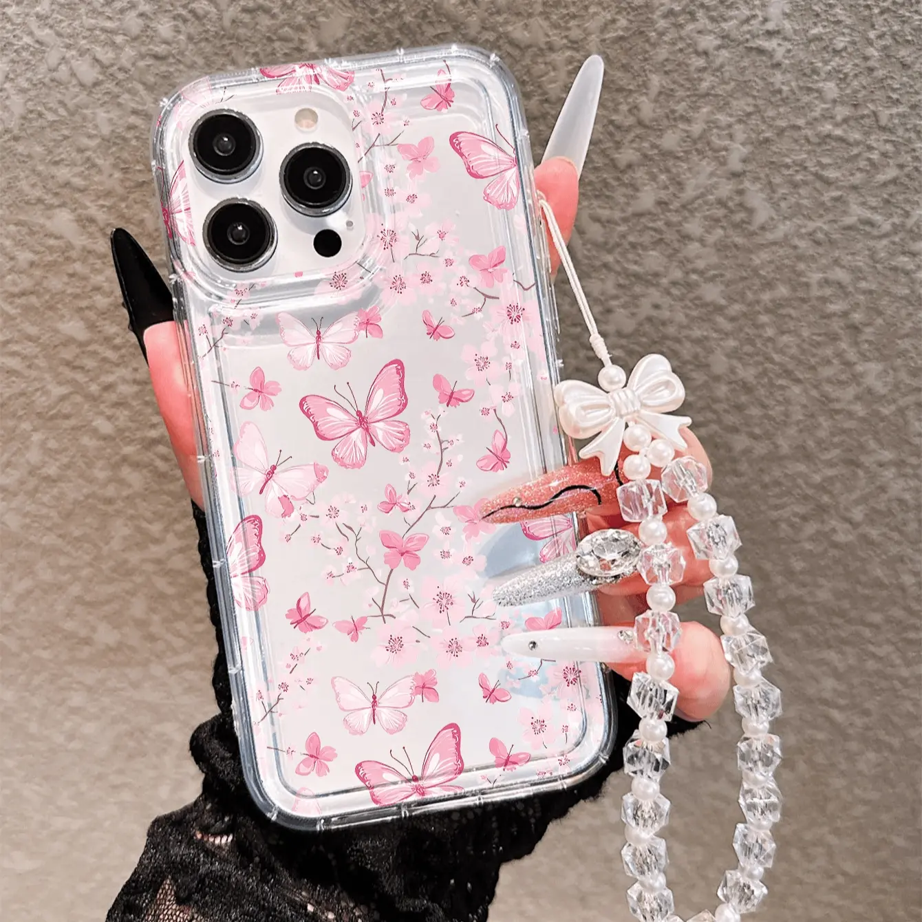 Sakura Floral Butterfly Illustration Phone Case, Transparent Full Coverage Tpu, Anti-Drop, Lanyard, Protection, Compatible with iPhone 11/12/13/14/15/16/17