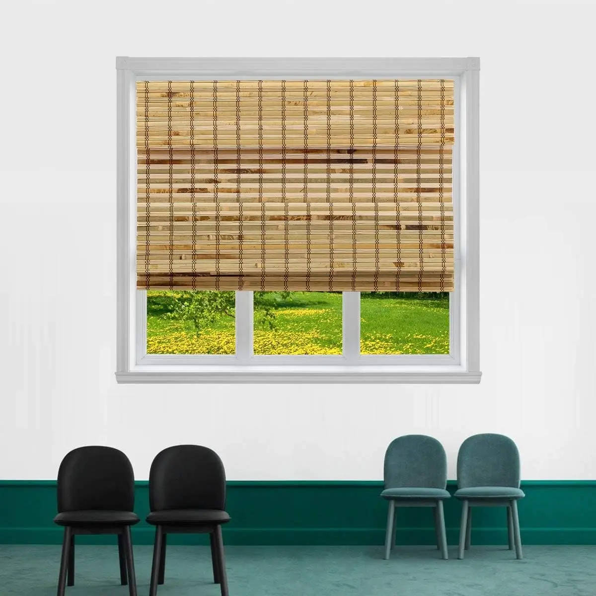 Cordless Flatstick Bamboo Roman Window Blind Sun Shade, Light Filtering Shades with 8-Inch Valence - Light Bamboo (W28 x L72)