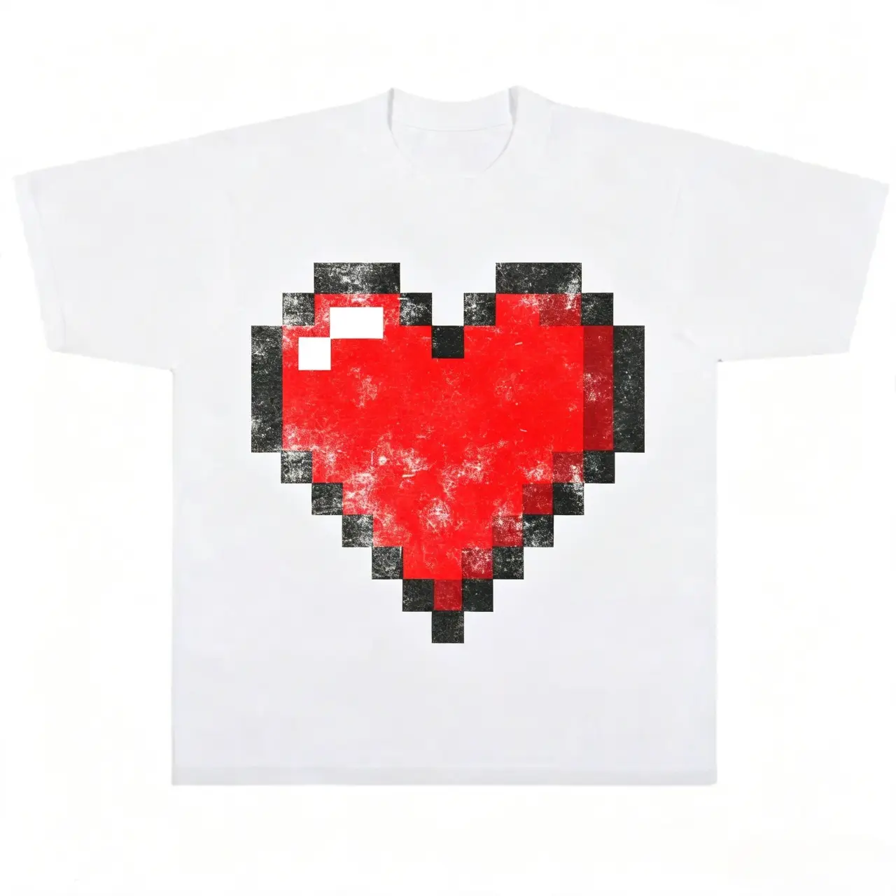 Vintage Distressed Pixel Heart Graphic Oversized T-Shirt Retro Game Streetwear Washed Tee，8BIT HEARTS TEE Casual Breathable