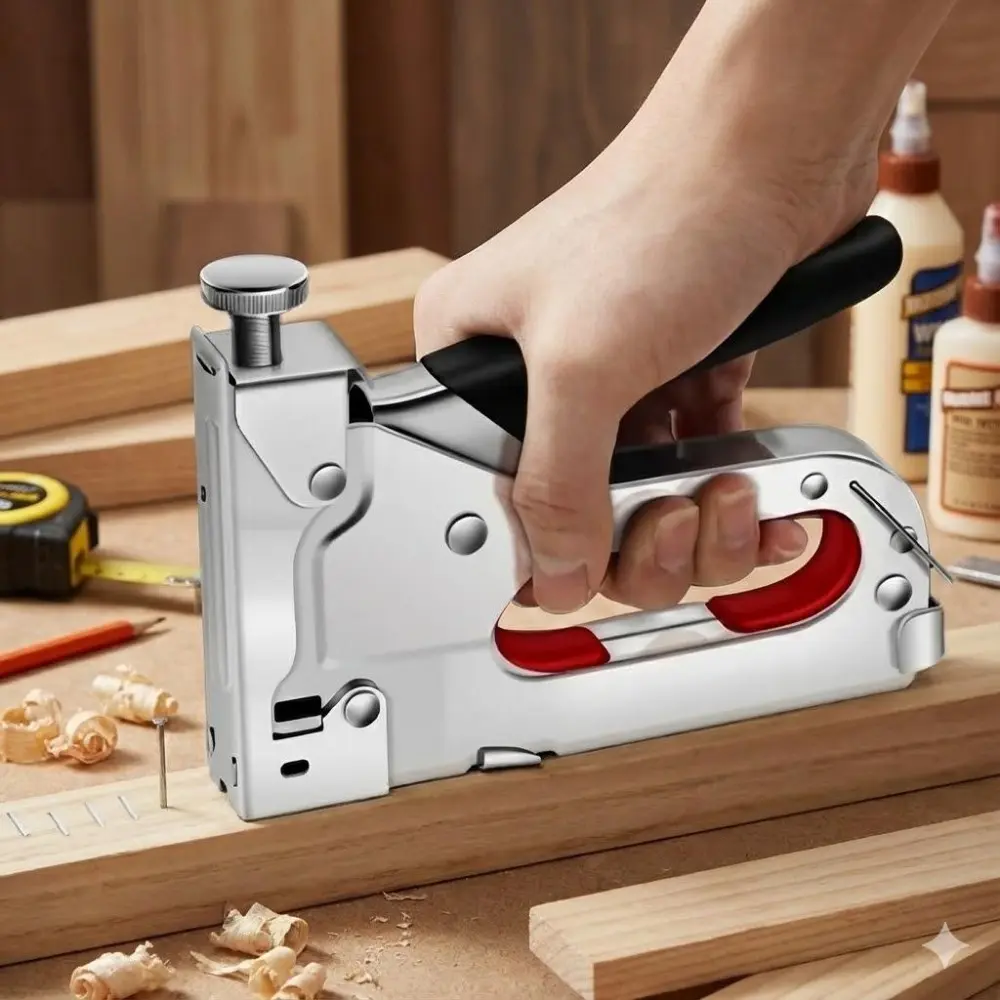 3-in-1 Portable Pneumatic Nail Gun and Stapler for Woodworking, Upholstery, Wall Paneling. Heavy-Duty Alloy Firing Pin, Anti-Jam, 10-15mm Hardwood. Ideal for Furniture, Leather, Drywall, Fabric. Quick Switch Nail Types.