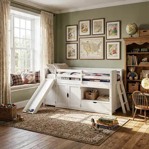 FUFU&GAGA Twin Size Low Loft Bed with Slide, Storage Cabinet & Drawer, White Wood Kids Bed with Ladder and Guardrail