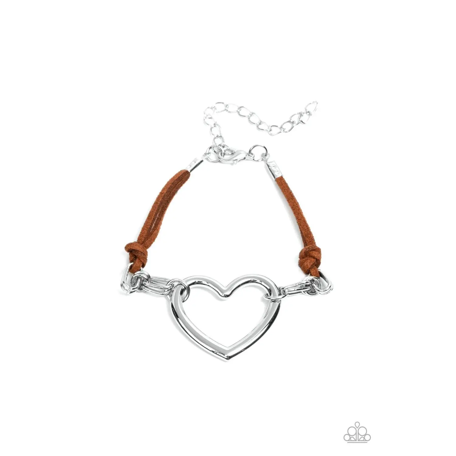 Adjustable Casual Heart Bracelet - Silver Chunky Chain, Knotted Brown Suede, Flirty Layered Design, Adjustable Clasp Costume Jewelry Bangle, Adjustable Bracelet