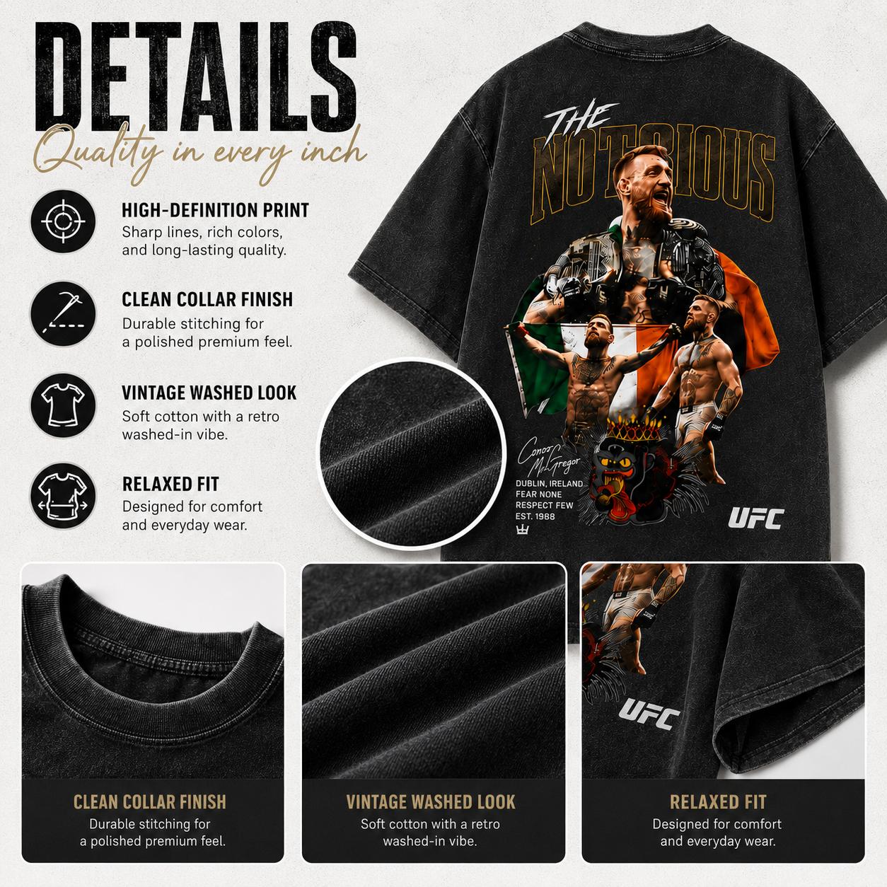 Men's UFC 329 Black Conor McGregor Cotton Graphic Tee - The Notorious MMA Shirt, Men's Shirts Graphic Tee, Cool Gifts for Guys, Valentine's Day Gift, Regular Fit, Grunge Sports Apparel, Dry Clean Only