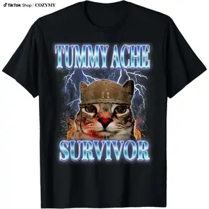 Tummy Ache Survivor Cat Meme Funny Saying Cats Animals T-Shirt for adult graphic Tees shirts  funny vintage fashion Short Sleeve tops vacation outfits clothing