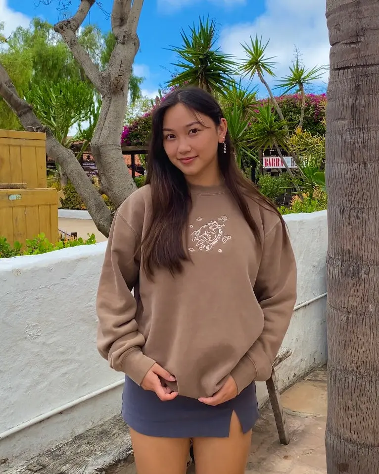 Hang In There Embroidered Crewneck — Mocha Brown Sweatshirt