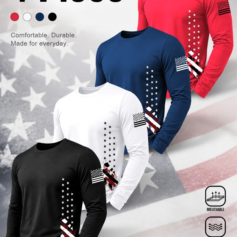 Men’s 4-Pack Classic Vintage Crew Neck Long Sleeve Graphic T-Shirts - Distressed American Flag Print, Soft Breathable Apparel, Athletic Sportswear Layer, Casual Elastic Clothes, Graphic Details Men's Long-Sleeve T-Shirts for Everyday Outdoor Use