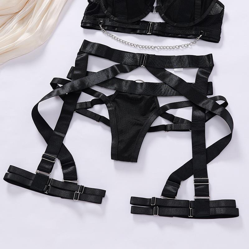 Women's Red & Black Satin Lingerie Set , Chain Detail Harness Bustier with Crisscross Garter Straps, Sexy 2 Piece Lingerie for Valentine's Day/Anniversary/Honeymoon, Hot Selling Lingerie for Women, Sneaky Lingerie for Bedroom plus Pu Leather Strappy Belt