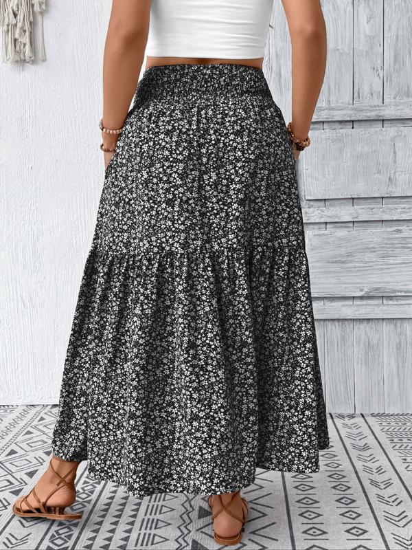 Plus Size Floral Midi Skirt - Smocked Waist, Side Pockets (Casual/Work)