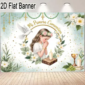 2D flat banner, 1pcMi Primera Communion Banner - Elegant Religious First Communion Decorations with Floral Design, Gold Crosses, and White Dove Background for Celebrating Traditions and Ceremonies