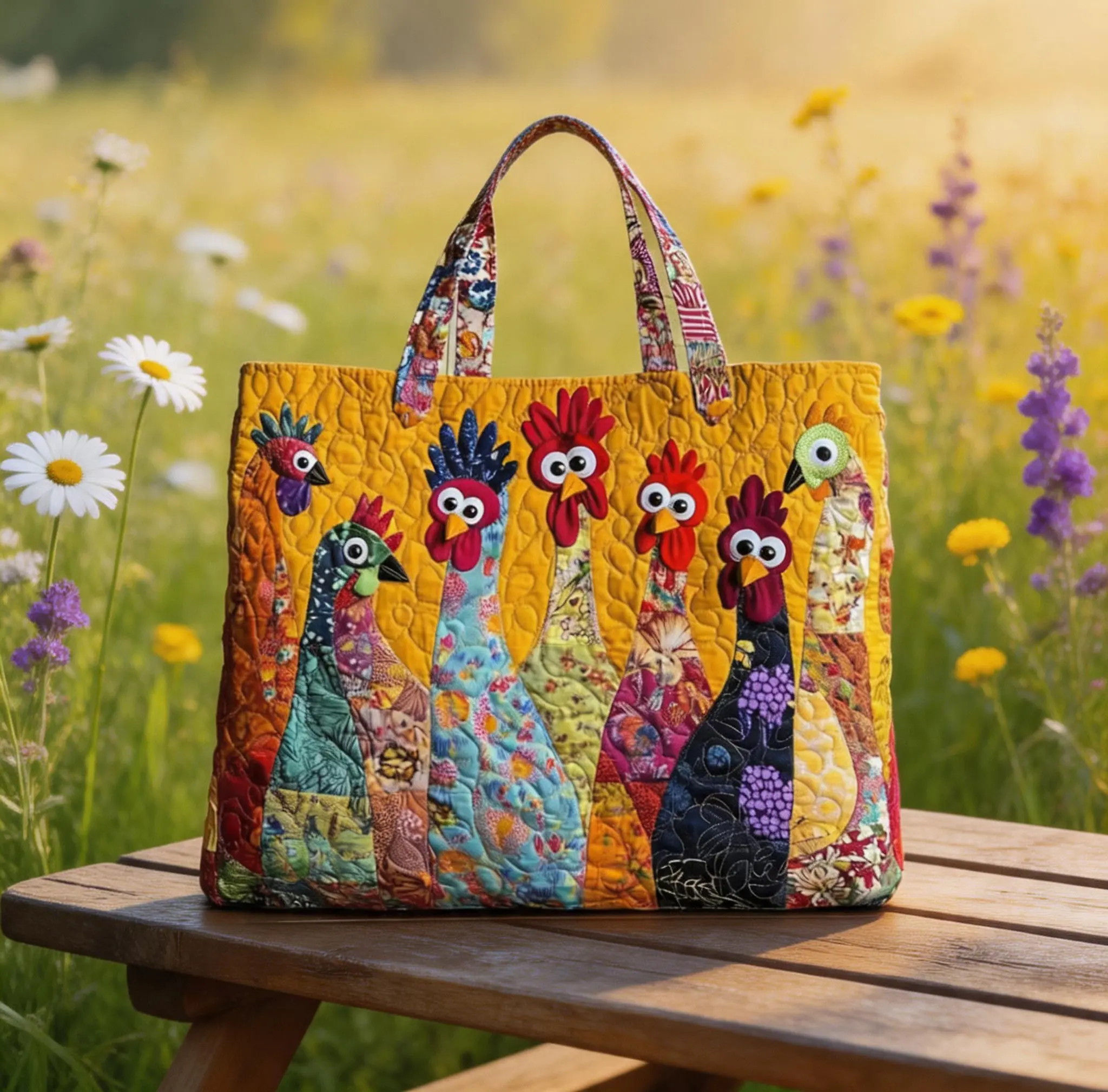 Bohemian Chicken Quilted Tote Bag, Digital Printed Large Capacity Countryside Style Shoulder Bag, Colorful Cute Animal Tote Bag, Lightweight and Durable Suitable for Shopping, Travel and Daily Commuting