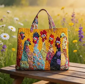 Bohemian Chicken Quilted Tote Bag, Digital Printed Large Capacity Countryside Style Shoulder Bag, Colorful Cute Animal Tote Bag, Lightweight and Durable Suitable for Shopping, Travel and Daily Commuting