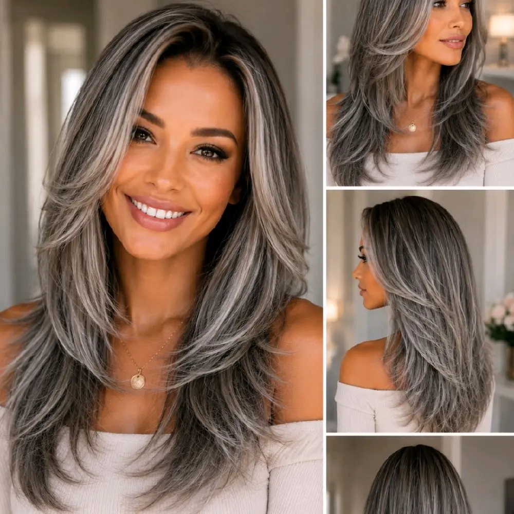 Watered Souls K131709 Christian Gray 18" wig bundle.  Layers, 350⁰ heat tolerance, 13x4 lace, 3 combs, closed wefted, 2 adjustable straps, 1 removable band.  120 density. free gift with purchase. Wig bundle must be returned for full refund